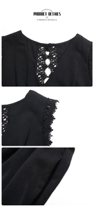 Detail of V-neckline with geometric crochet cutout and lace trimming on black jumpsuit