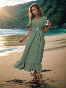 Detail of sage green V-neck dress with ruffled sleeves and smocked waist at beach