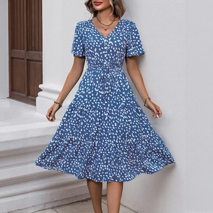 Blue floral V-neck summer dress with ruffle sleeves and tiered skirt in high-quality fabric
