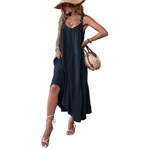 Women's deep blue sleeveless tiered maxi dress with thin straps for summer vacations