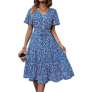 Blue floral V-neck midi dress with flutter sleeves and tiered skirt on white background