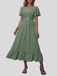 Women V Neck Ruffle Sleeve Smocked Waist Maxi Dress Solid Color Elegant Summer Beach Midi Dress With Decorative Buttons