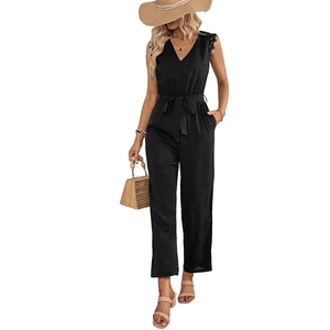 Elegant V-neck sleeveless black jumpsuit with lace detailing and adjustable drawstring waist