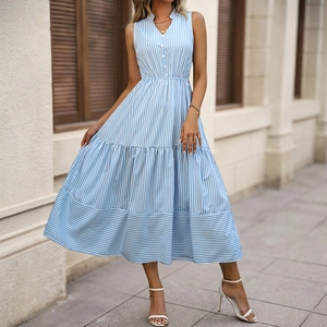 Robe Maxi Élégante pour Femmes Rayures Verticales Sans Manches Col en V Taille Haute Jupe à Étages Décontractée Vacances Été