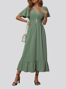 Elegant sage green V-neck dress with butterfly sleeves and high-waisted elastic smocking