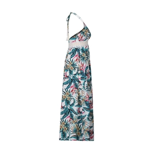 Detail of bohemian halter dress featuring tropical plant print and white lace trim