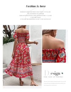 Detail view of red floral boho maxi dress featuring smocked bodice and off-shoulder puff sleeves