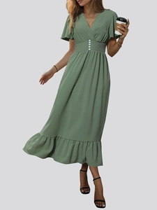 Summer green V-neck maxi dress with ruffle sleeves and elastic waist for women