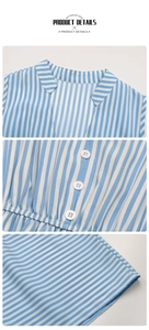 Détails de la robe sans manches à rayures bleues avec boutons blancs et taille élastique ajustée