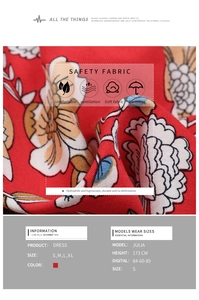 Detail of red floral bohemian dress fabric texture and size chart for summer dress