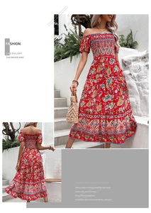 Detail of red Bohemian off-shoulder floral dress with smocked bodice and tiered hem
