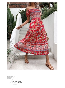 Detail view of the red bohemian floral print dress with off-the-shoulder elastic smocking