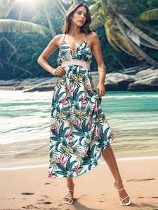 Bohemian tropical floral print maxi dress with deep V-neck and white lace waist details