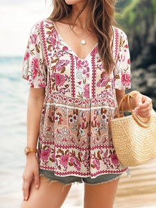 Blouse Bohème à Imprimé Floral pour Femmes Col en V à Lacets Manches Courtes Volants Ourlet Peplum Top de Vacances