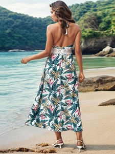 Bohemian floral halter neck backless maxi dress with lace waist for beach vacations
