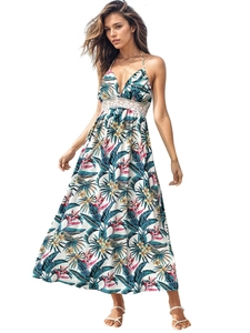 Bohemian tropical floral print maxi dress with deep V-neck and white lace detailing