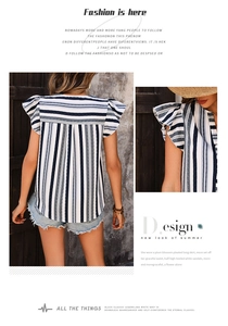 Detail of multi-layered ruffle sleeves on blue and white striped summer top for women