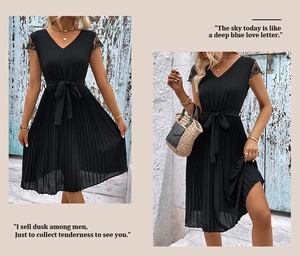 Detail of black V-neck lace dress with pleated skirt and elegant waist tie design