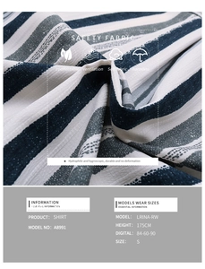 Detail of blue and white striped shirt fabric with model specs and sizing chart