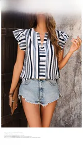 Detail of female summer striped top with flutter sleeves and V-neckline in blue