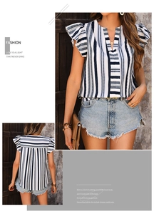 Detail of ruffle butterfly sleeves and blue striped pattern on a casual summer blouse