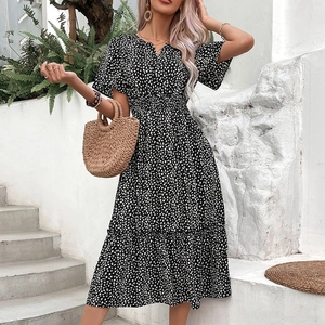 Robe Midi Élégante à Col en V pour Femmes Imprimé Floral Manches Volantes Taille Haute Smockée Robe de Vacances Ligne A