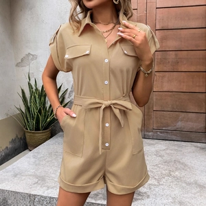 Women Elegant Khaki Romper Lapel Short Sleeve Button Up Tie Waist Safari Style Jumpsuit With Pockets Summer Casual Outfit