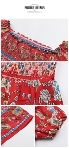 Detail of bohemian floral print dress with smocked chest and ruffle off-shoulder neckline