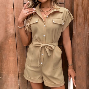 Khaki short-sleeve romper with lapel collar, button front, and waist tie belt