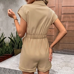 Summer khaki short sleeve romper with lapel collar and elastic high waist for women