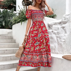 Bohemian Off-Shoulder Smocked Maxi Dress Women Floral Print Puff Short Sleeve Tiered Viscose Vacation Long Dress