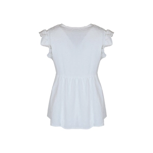 Detail der weißen Punkte-Bluse mit Rüschenärmeln und elastischem Taillenzug für Damen