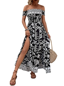 Detail of bohemian smocked off-shoulder bodice with ethnic geometric print and high slit