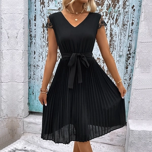 Women Elegant V Neck Pleated Midi Dress With Short Lace Sleeve Patchwork High Waist Tie Front Flowy Vacation Party Dress
