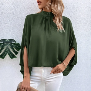 Elegant dark green high-neck blouse with draped collar and slit batwing sleeves for women