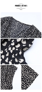Macro shot of deep V-neckline and elastic waist detail on leopard print jumpsuit