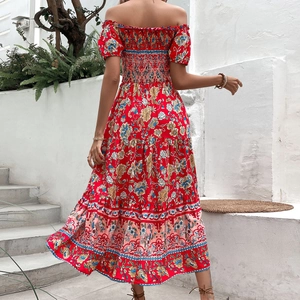 Bohemian floral off-shoulder maxi dress with tiered ruffle skirt and smocked back detail