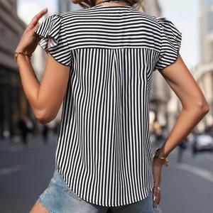 Gestreifte Kontrastbluse mit Rüschenärmeln und vertikalem Muster für Damen im Sommer