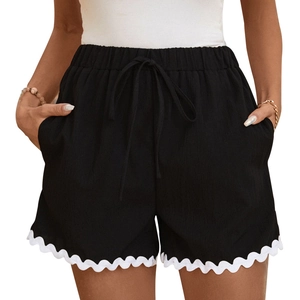 Women's summer casual shorts with elastic drawstring waist and white scallop lace trim