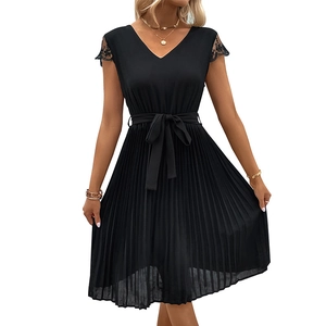 Elegant V-neck black pleated dress with lace short sleeves and adjustable belt