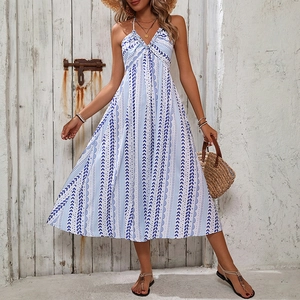 Robe Maxi Dos Nu Halter Femme Imprimé Bleu Et Blanc Bohème Col En V Sexy Été Plage Vacances Swing Coupe Trapèze Robe Longue