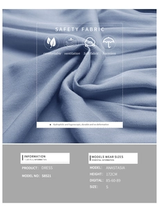 Detail view of breathable blue twill fabric texture and model sizing for dress S8521