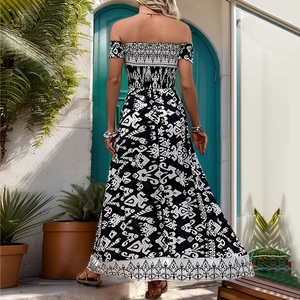 Bohemian off-shoulder smocked maxi dress with black and white ethnic floral prints