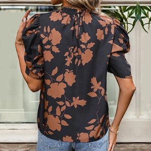 Women's summer floral print blouse featuring ruffle high neck and puff sleeves in black