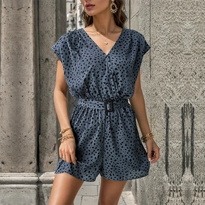 Blue leopard print V-neck romper with waist belt and buckle for summer casual wear