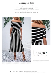 Detail of off-shoulder striped dress featuring horizontal and vertical stripe patterns