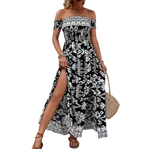 Bohemian off-shoulder maxi dress with black and white ethnic print and side slit detail