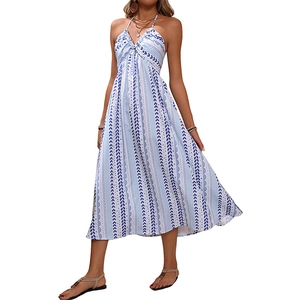 Robe d'été bohème dos nu à col en V avec imprimé bleu pour les vacances à la plage