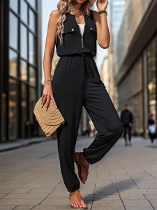 Women's black sleeveless jumpsuit with V-neck zipper and drawstring waist casual style