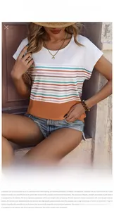 Close-up of color block striped t-shirt with high-quality white, striped, and caramel segments